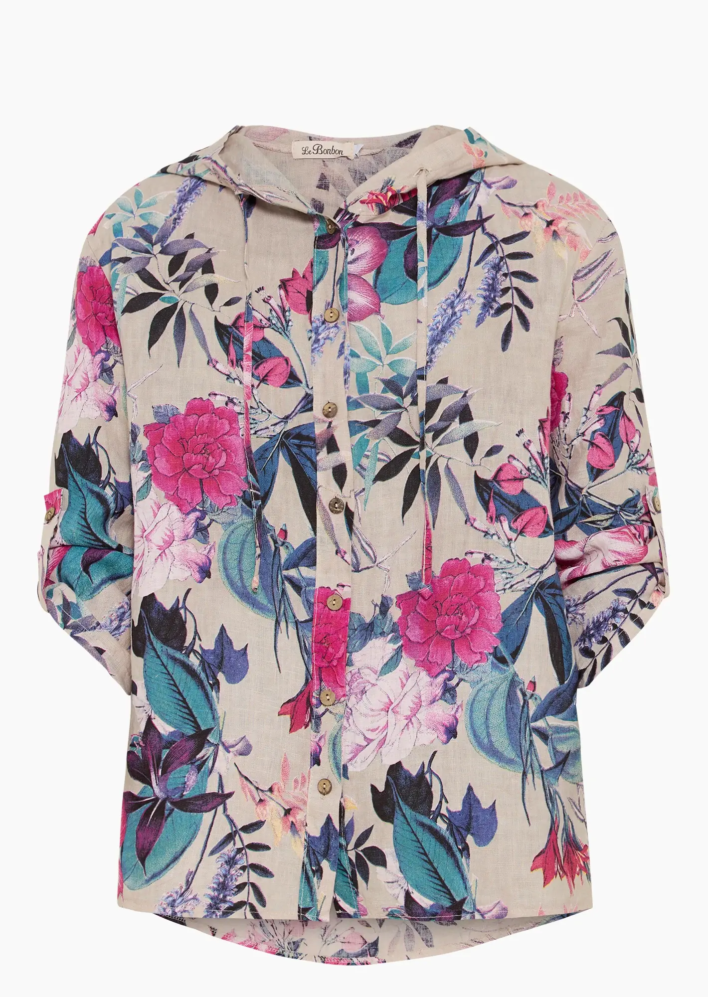 Leinenbluse mit floralen Motiven, crema