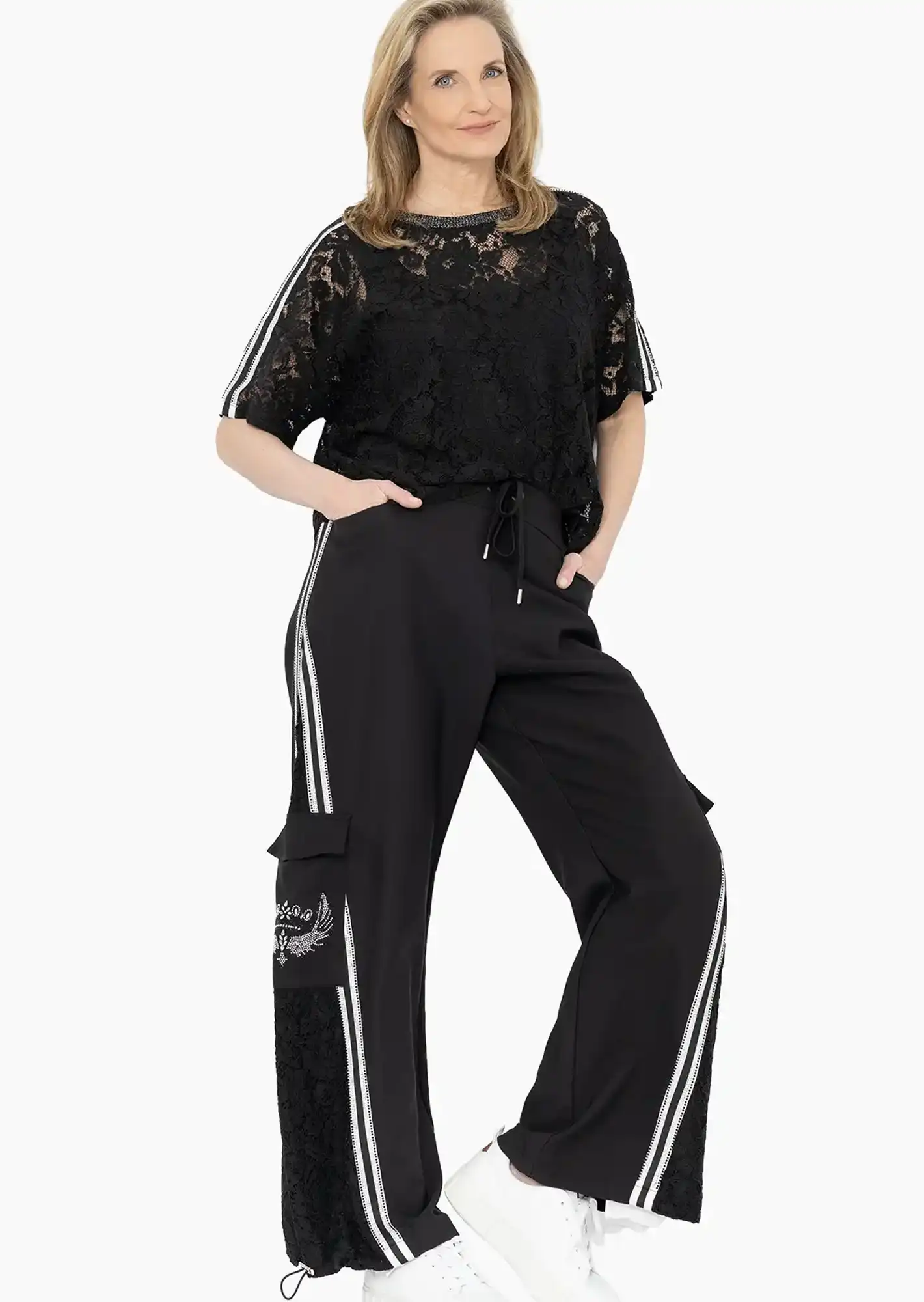 Hose Wide Leg mit dekorativen Details, schwarz