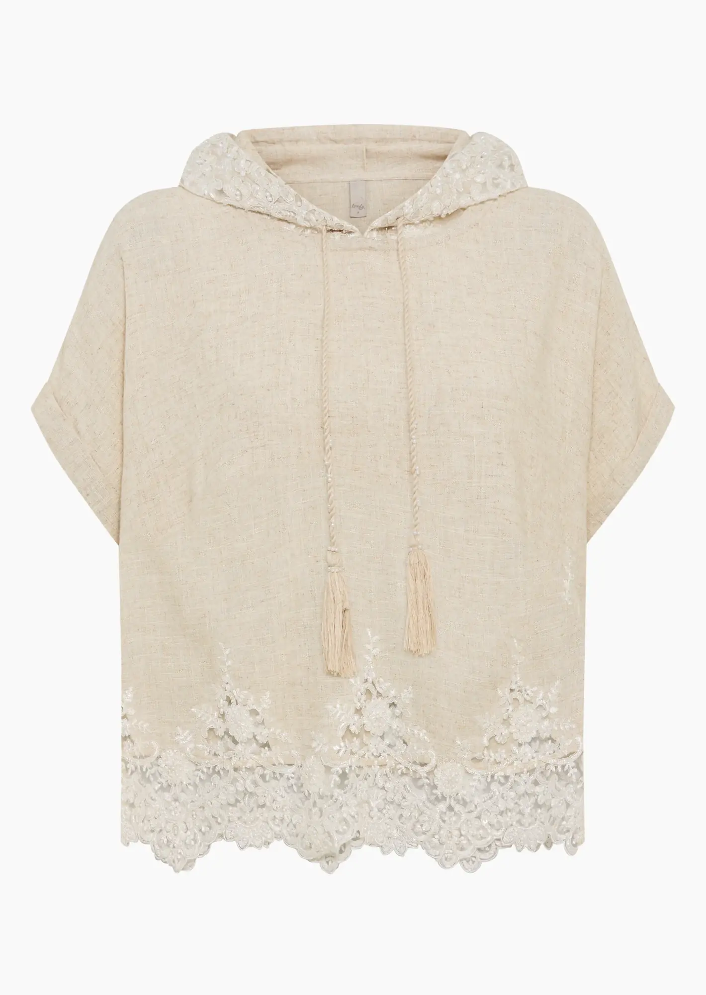 Leinenmixbluse mit Zierperlen und Spitze, sand-melange