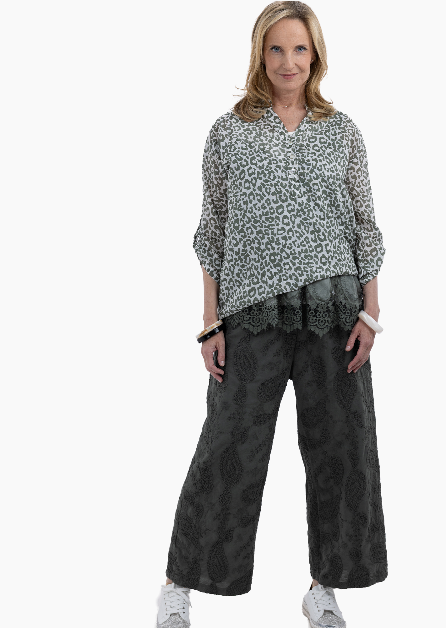 Wide Leg Hose bestickt, khaki