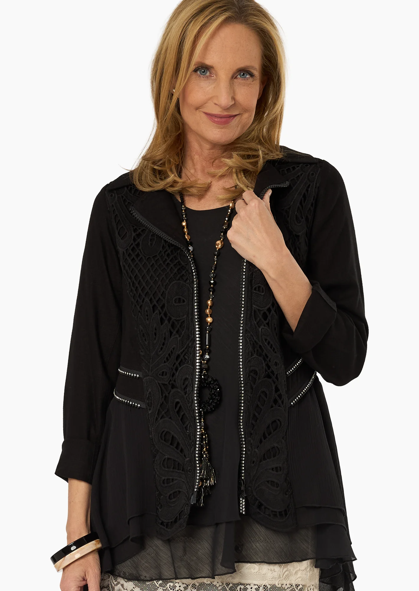Blazer mit Häkeldetails & Ziersteinen, schwarz