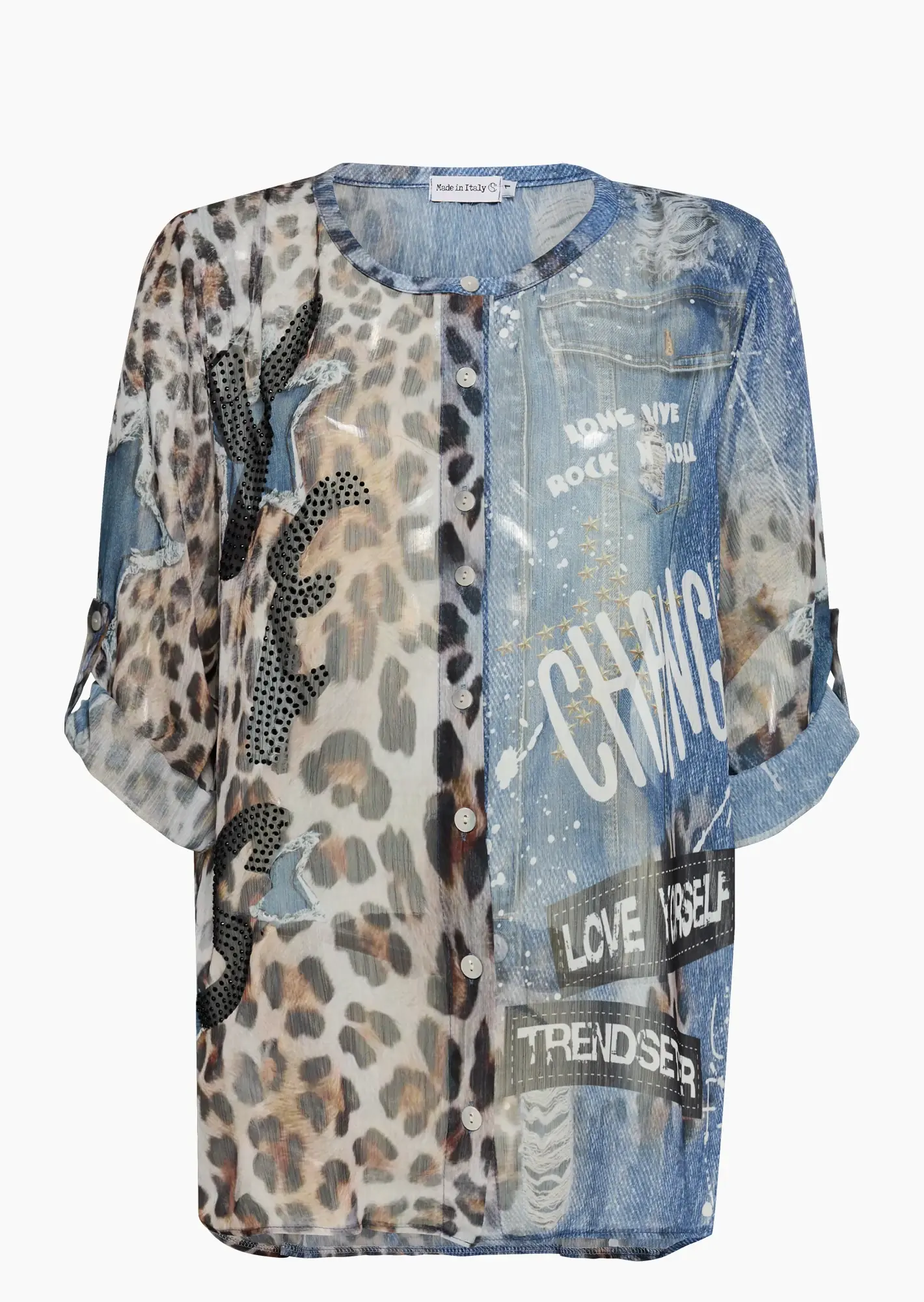 transparente Bluse in Leo-Optik & Denim-Style, blau