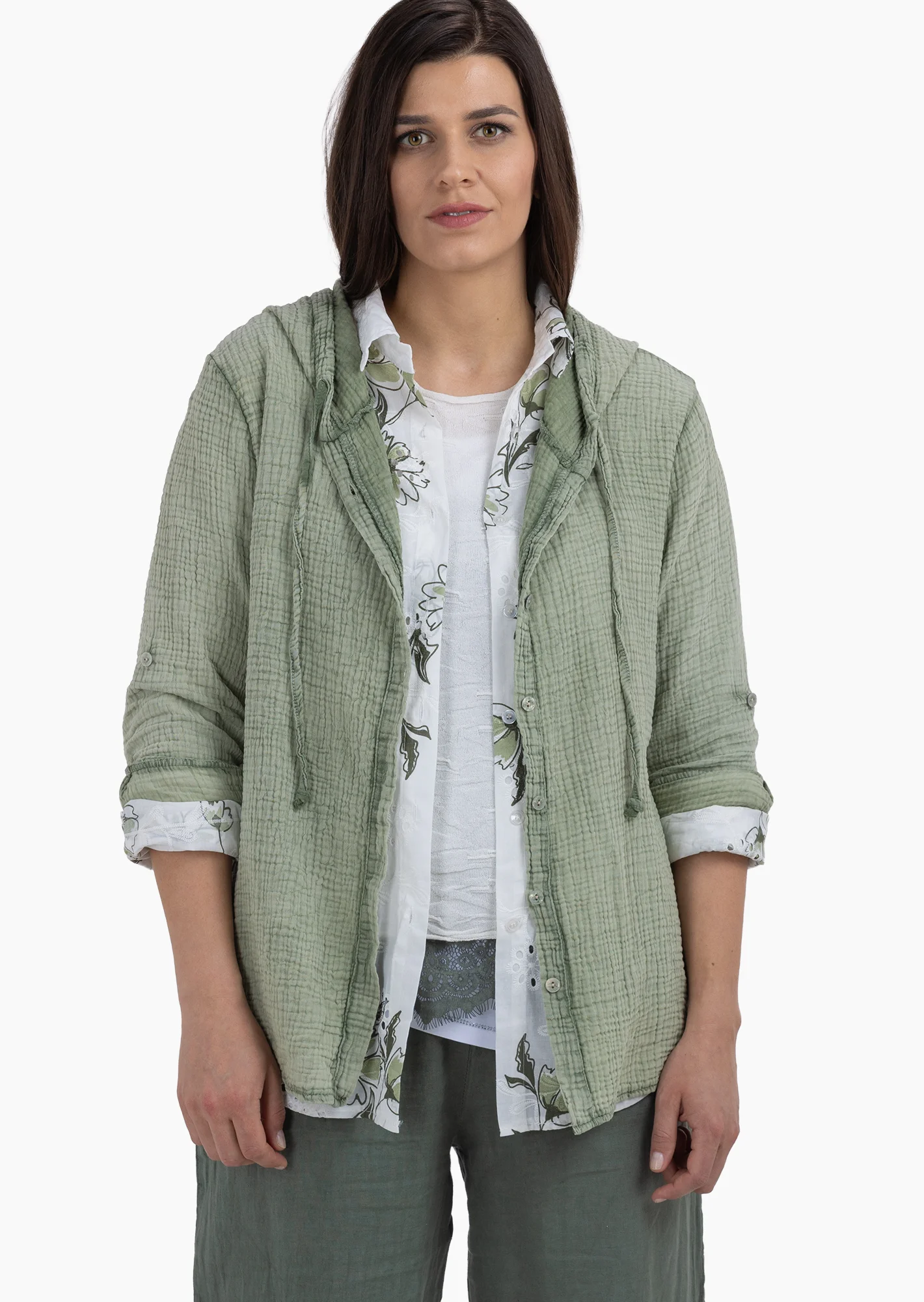 Musselin-Bluse mit Kapuze, salbei