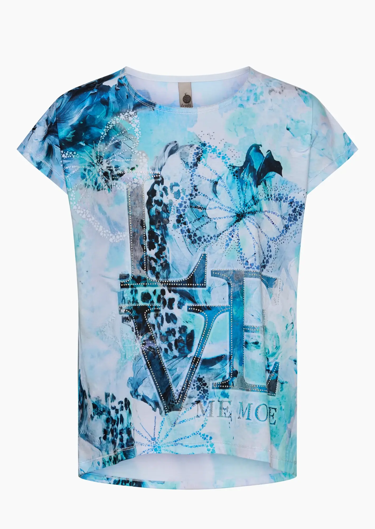 Shirt mit Lettering aus Ziersteinen, blau