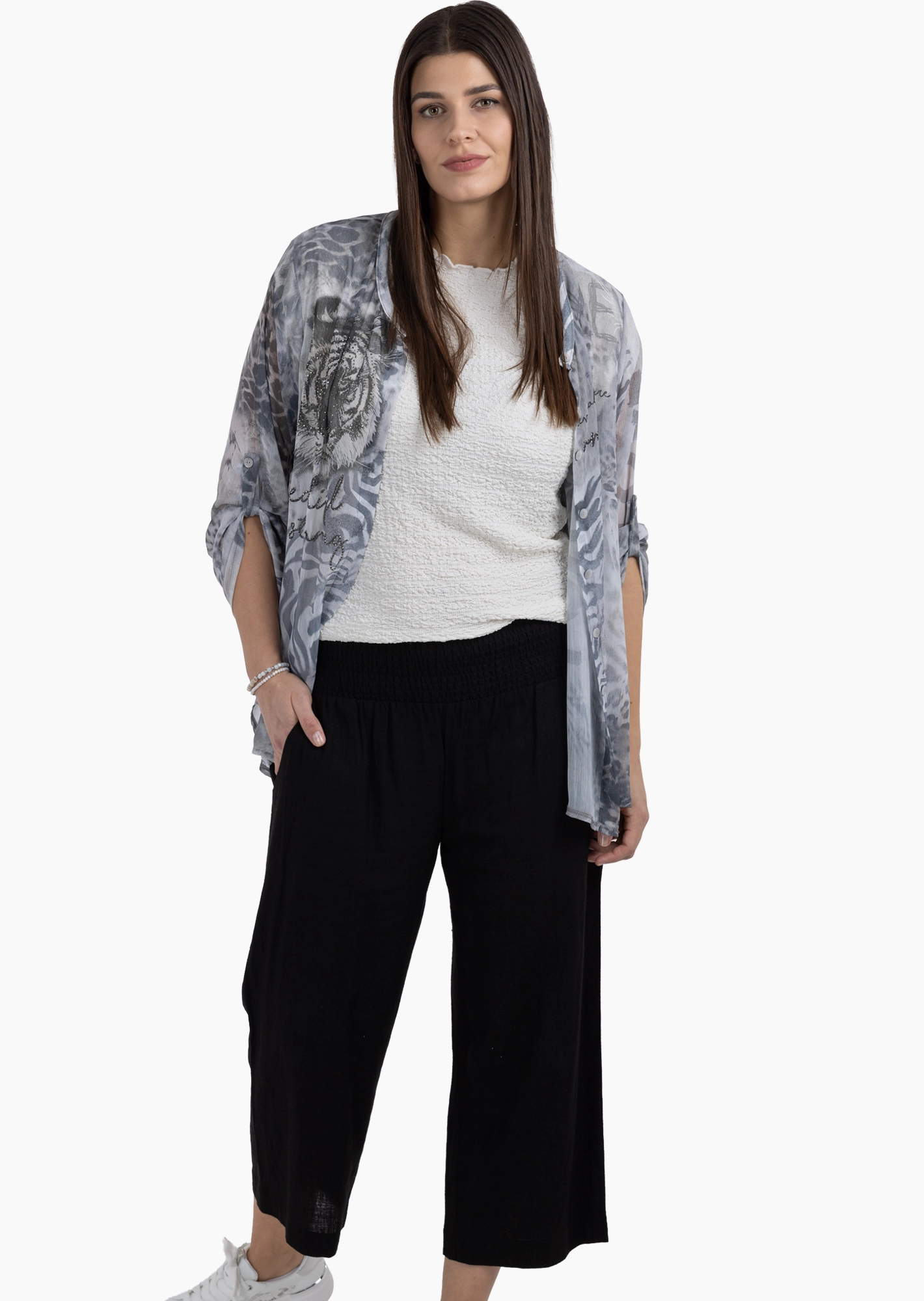 Wide Leg Leinenmixhose, schwarz