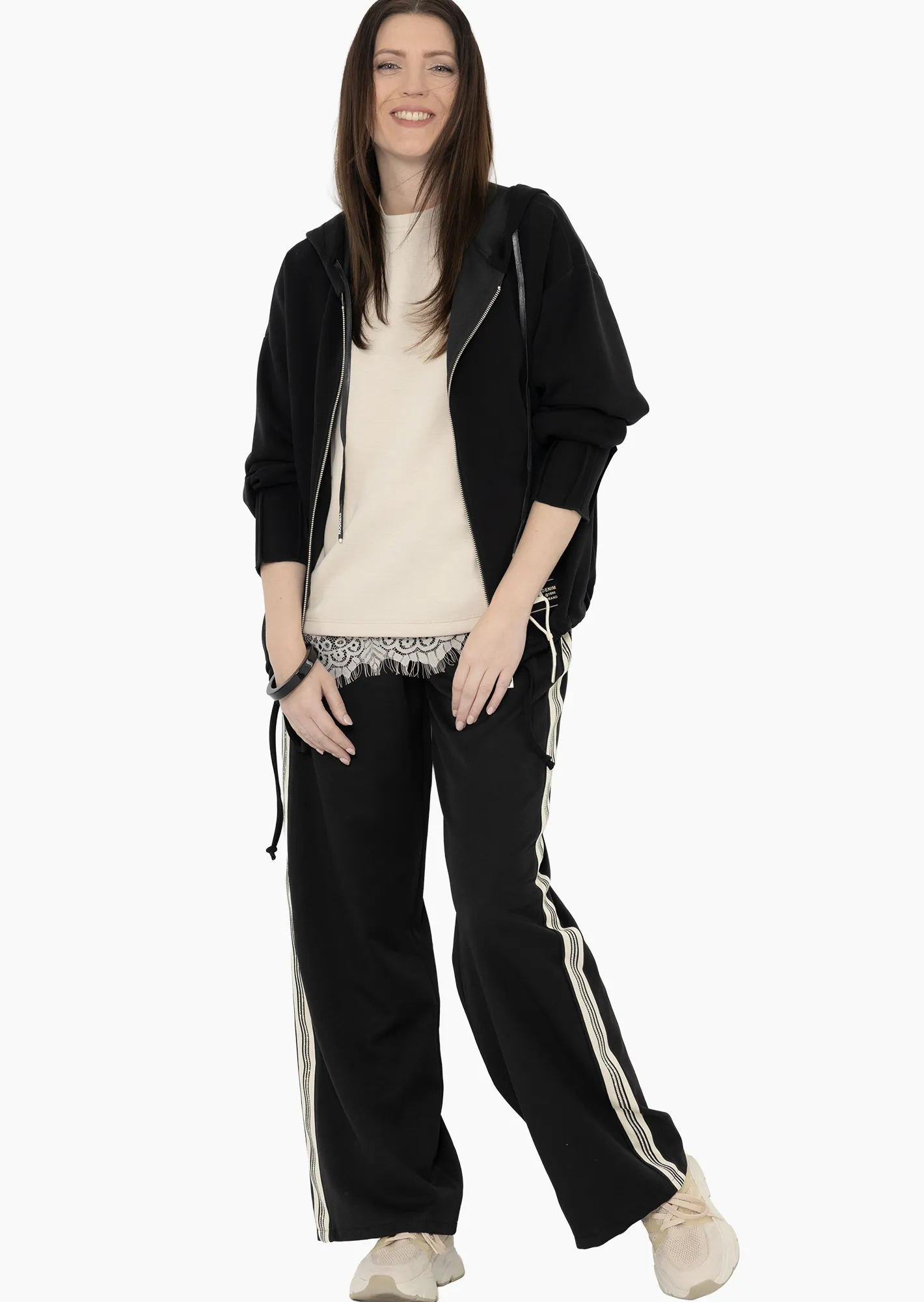 Hose Wide Leg mit Glitzer-Galonstreifen, schwarz