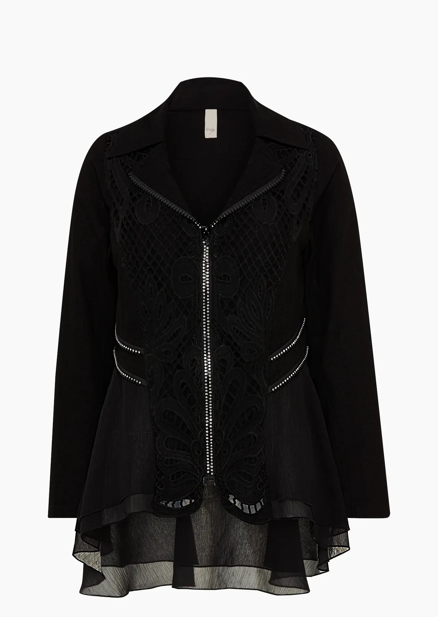 Blazer mit Häkeldetails & Ziersteinen, schwarz