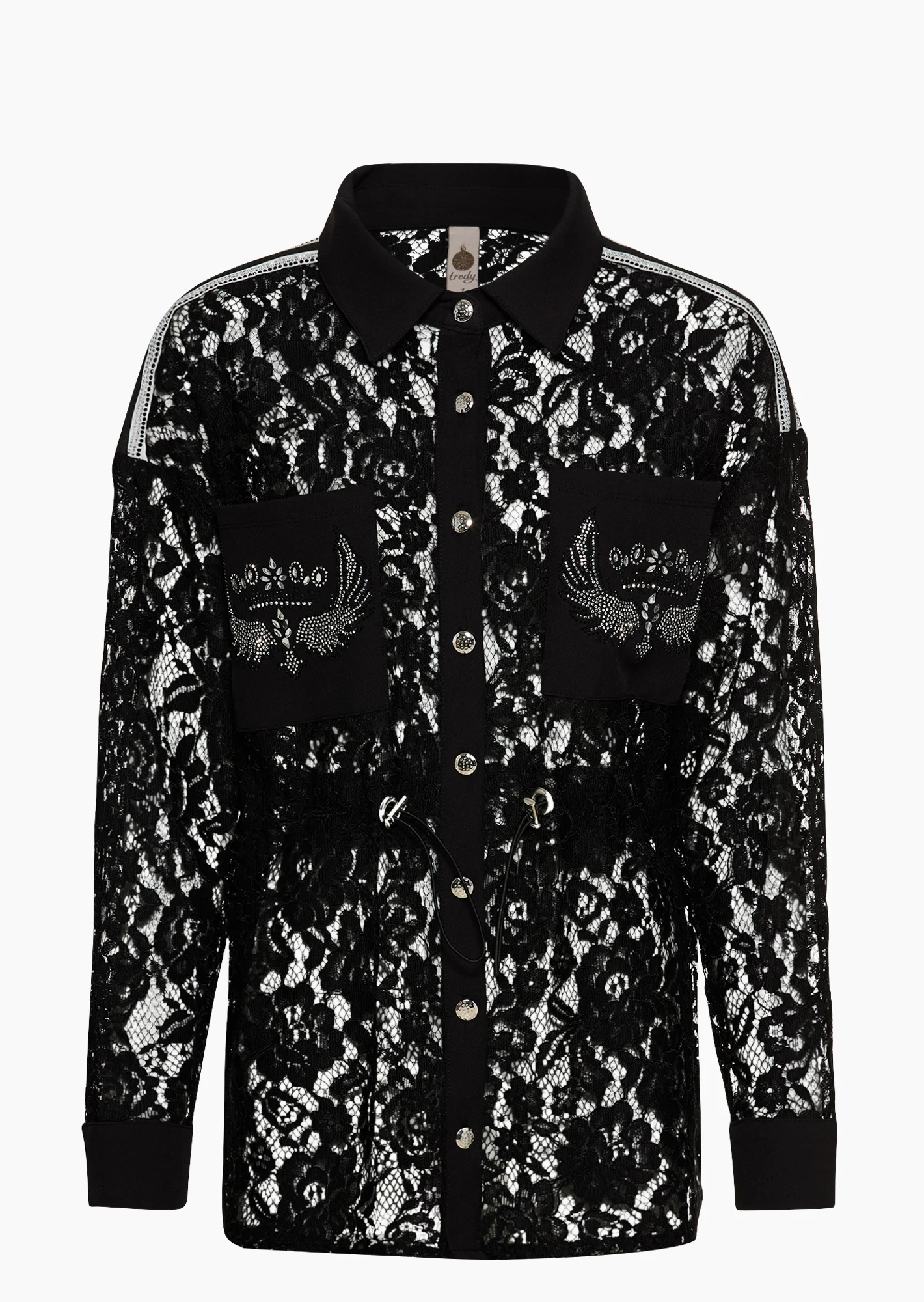 Blusenjacke mit Spitze & Ziersteinen, schwarz