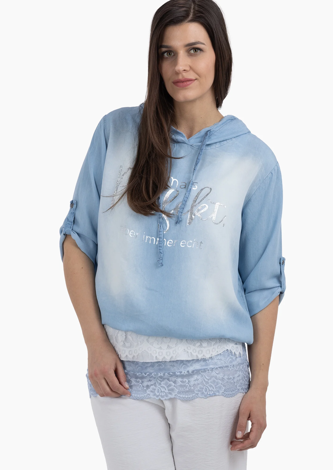 Bluse mit Statement, bleached denim