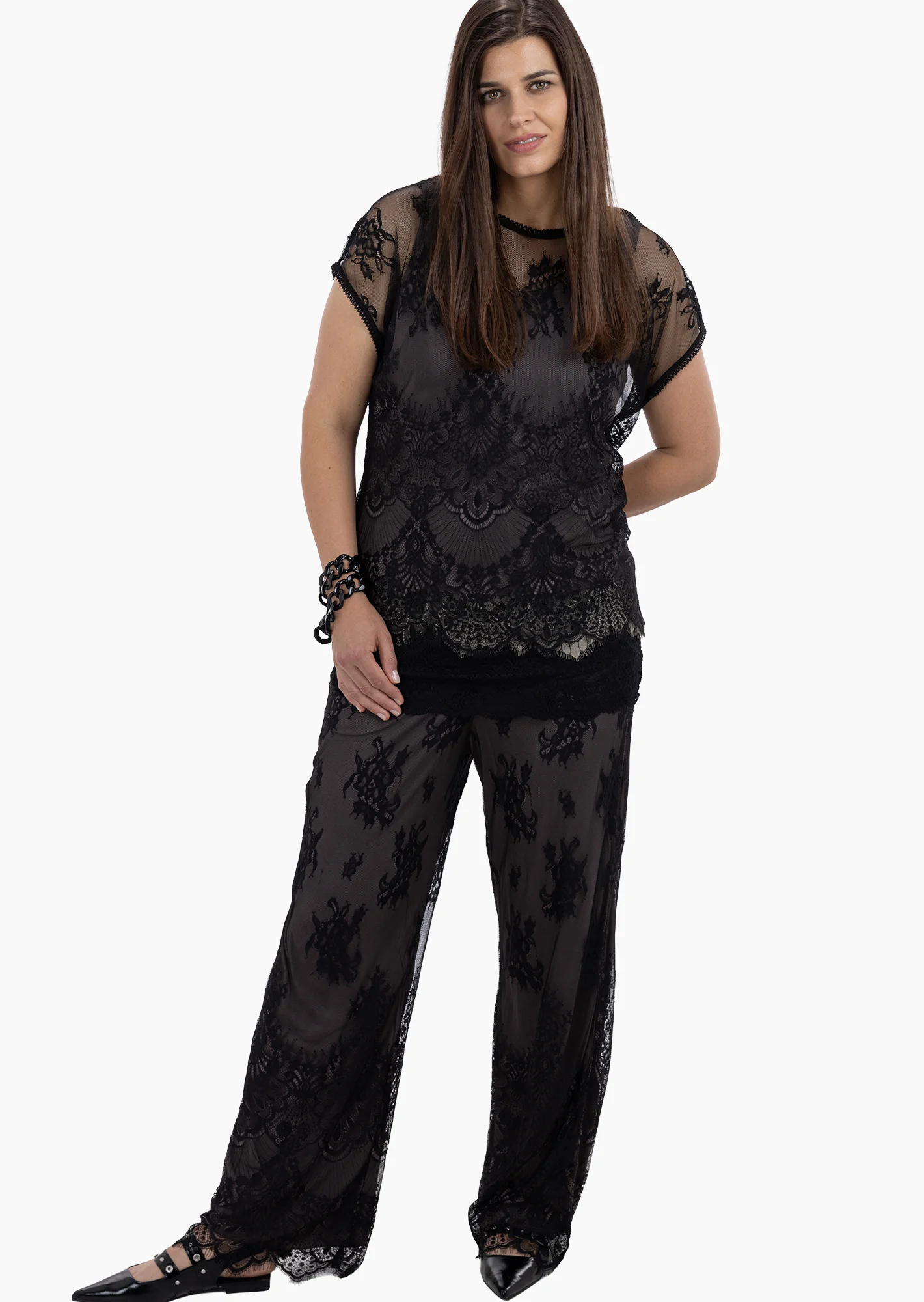 Edle Spitzenhose mit weitem Bein, schwarz-taupe
