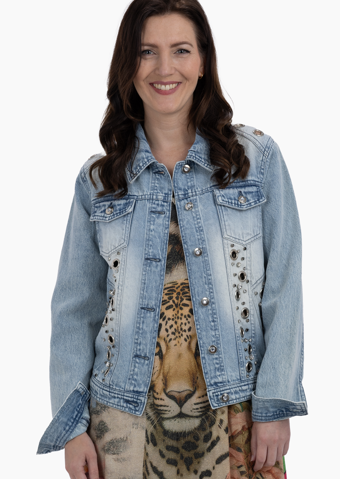 Jeansjacke mit stylischen Applikationen, bleached denim