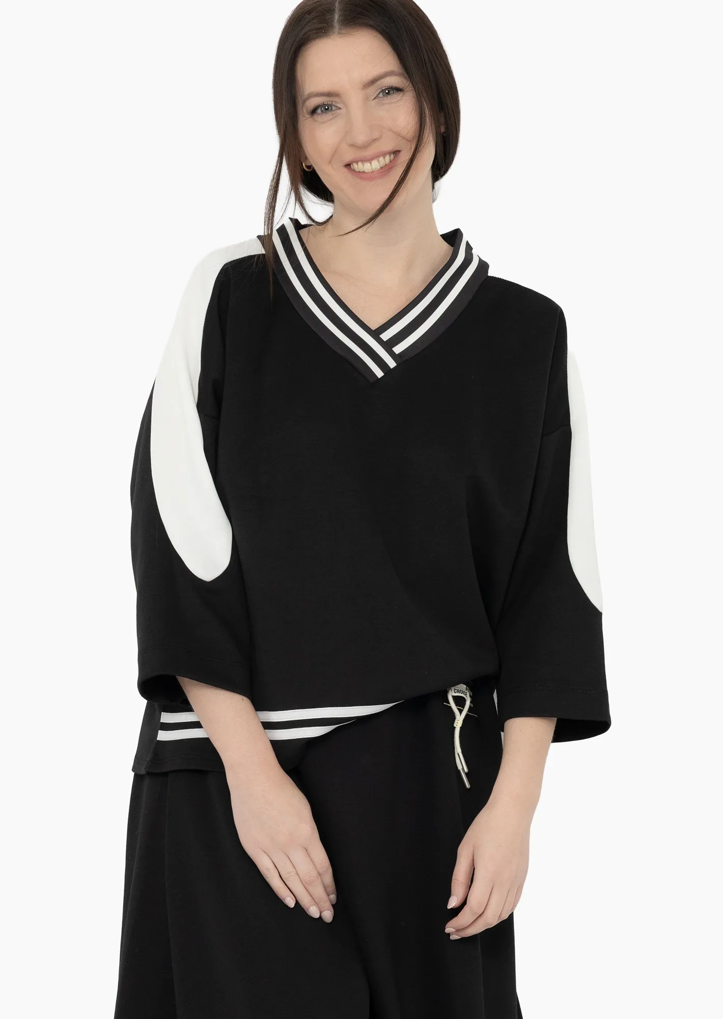 Sweatpullover mit V-Ausschnitt, schwarz-offwhite