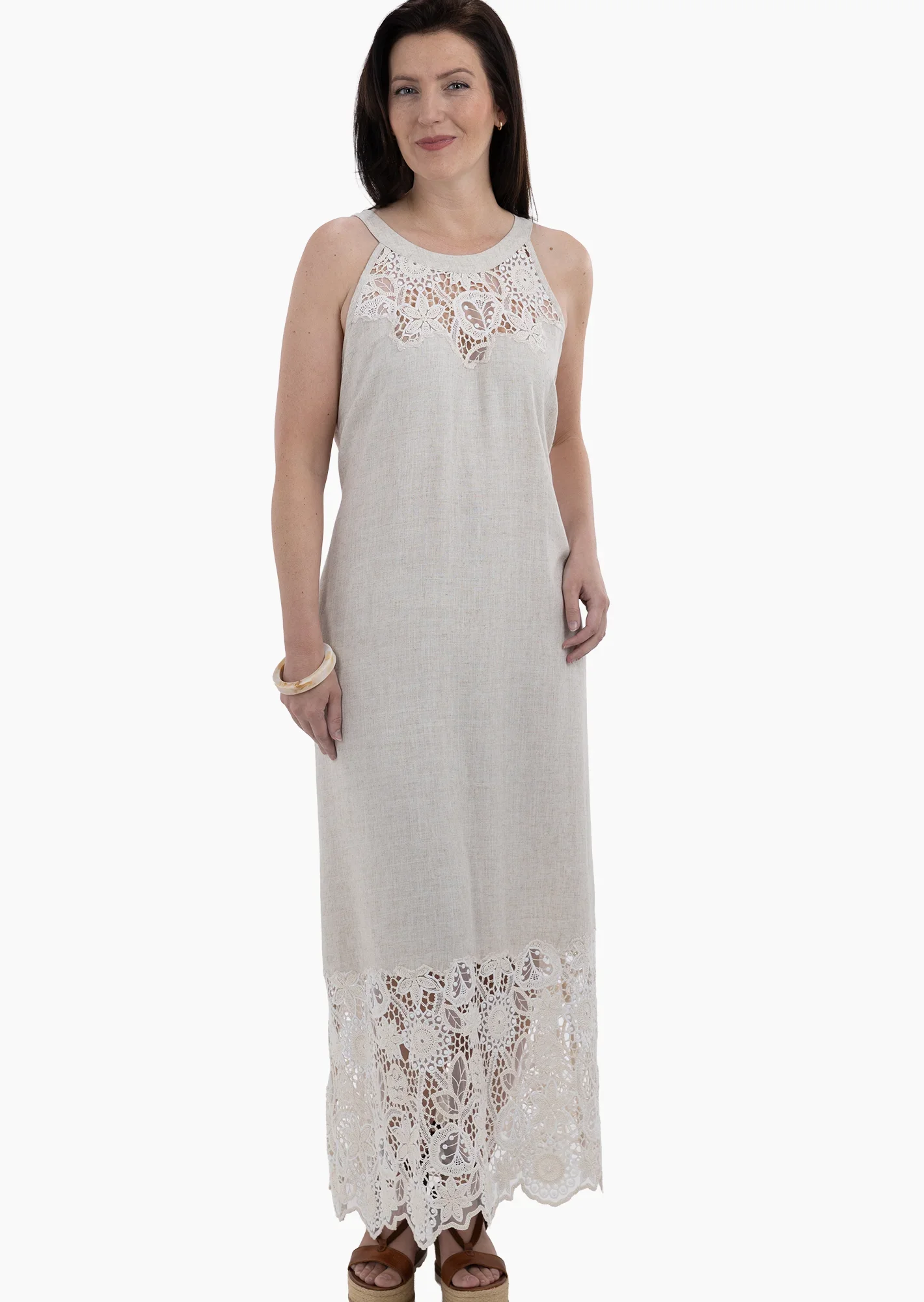 Leinenmixkleid mit Häkelspitze, sand-melange