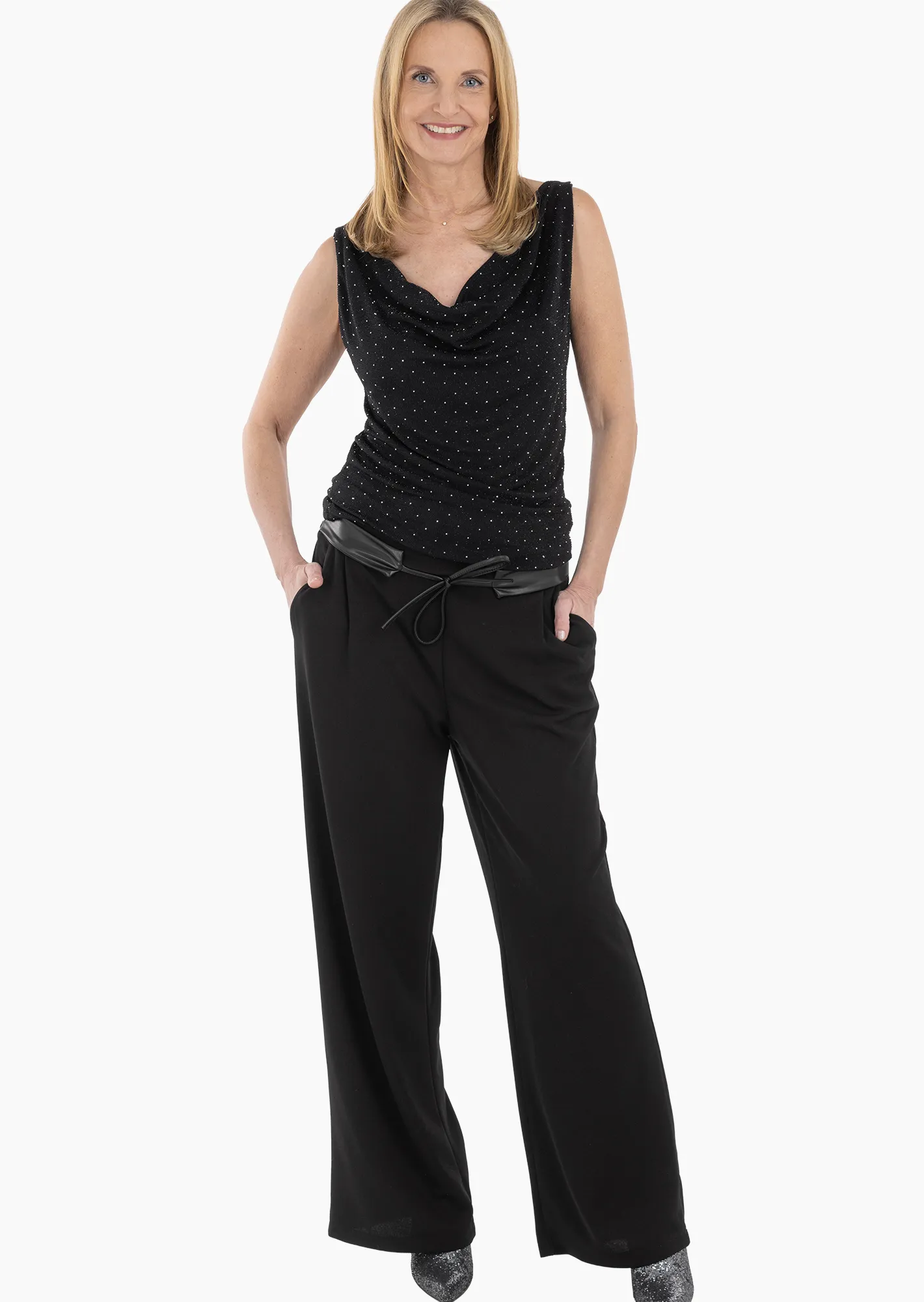 Wide Leg Hose mit Gürtel, schwarz