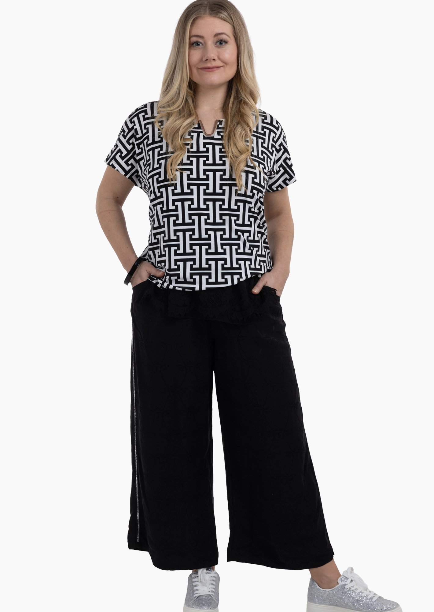 Wide Leg Viskose-Hose, schwarz