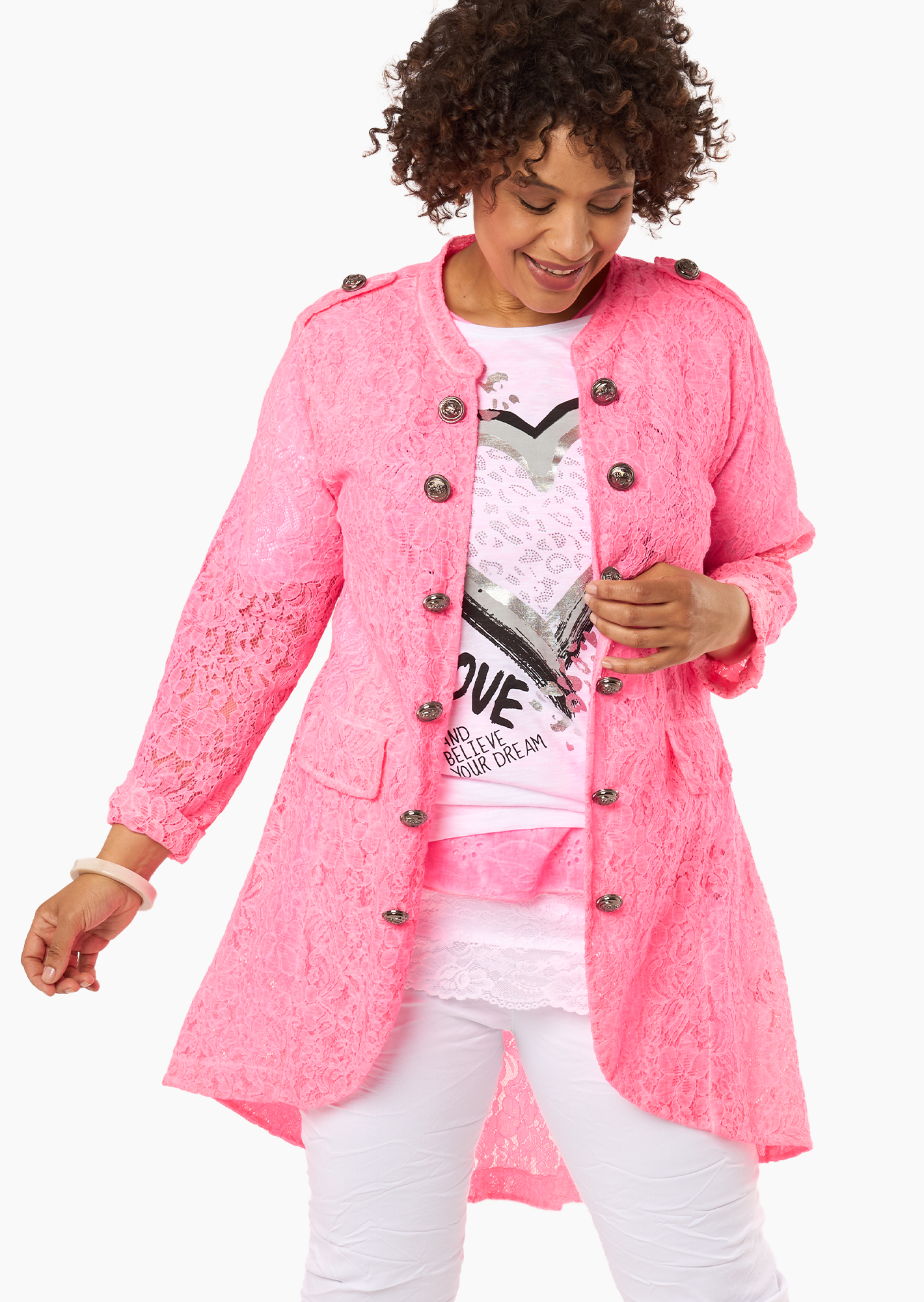 Blazer aus Spitze im Military-Style, neonpink