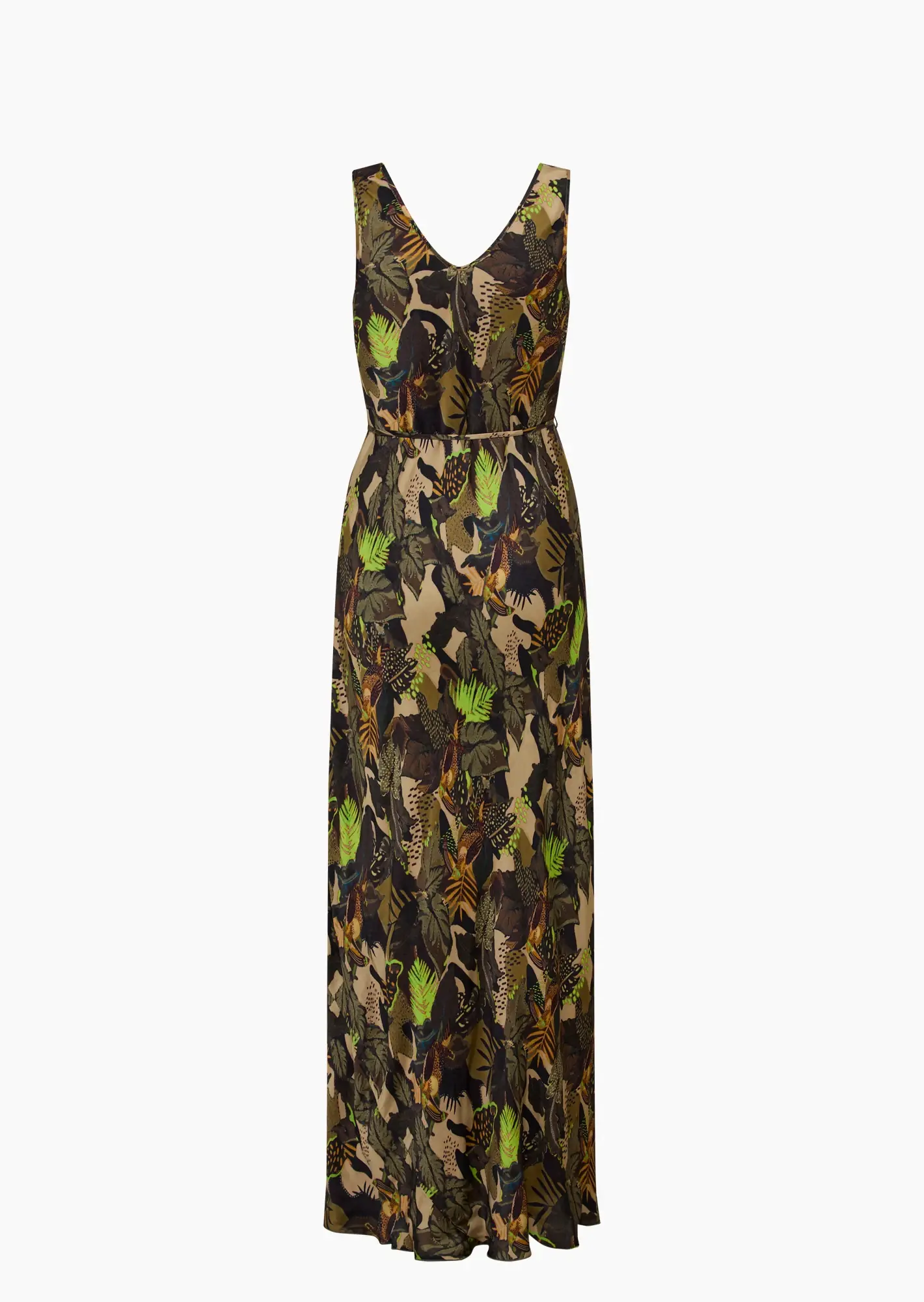 Print-Maxi-Kleid in glänzendem Viskose-Satin, oliv