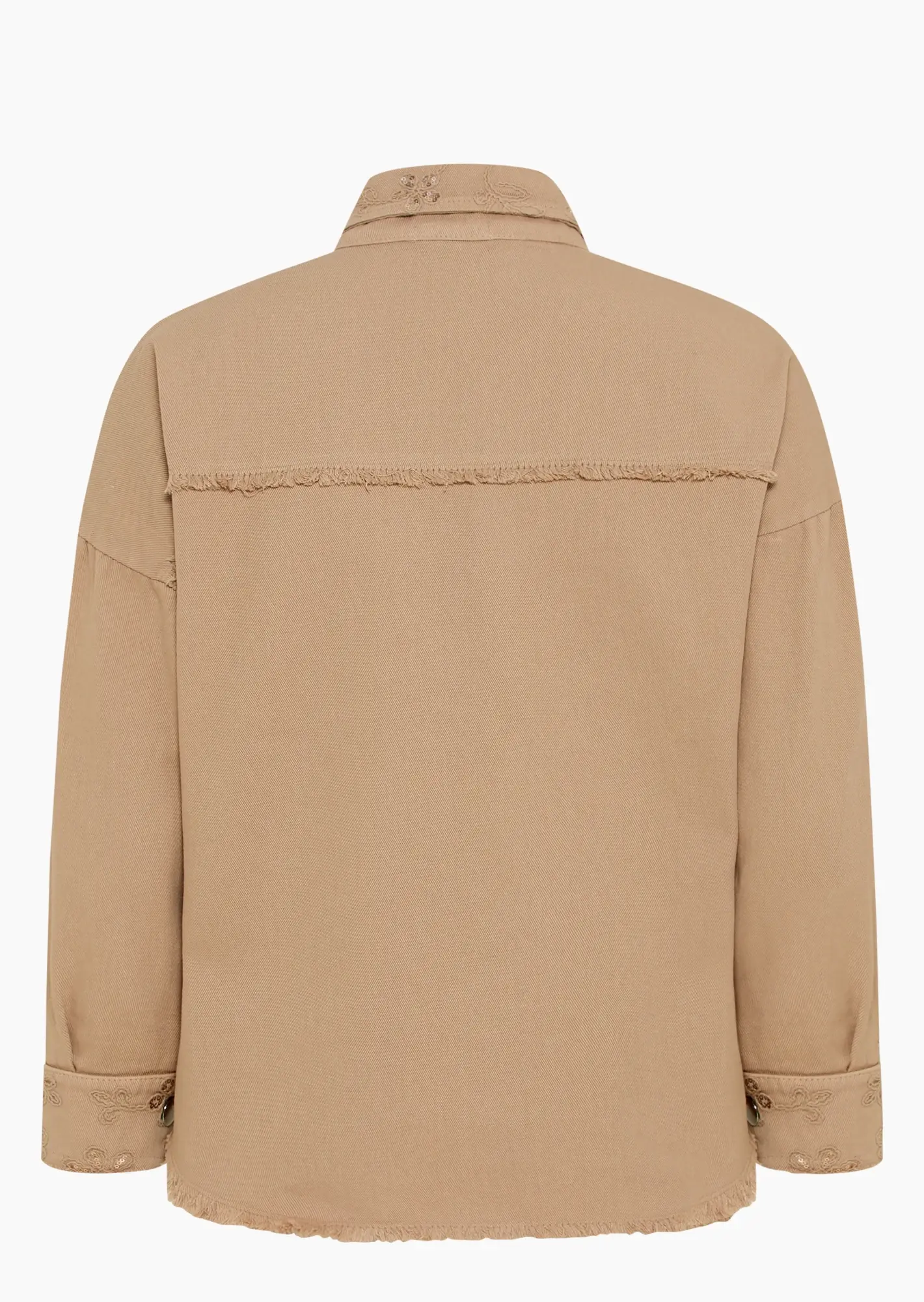 Fransige Jeansjacke mit Stickerei, caramel