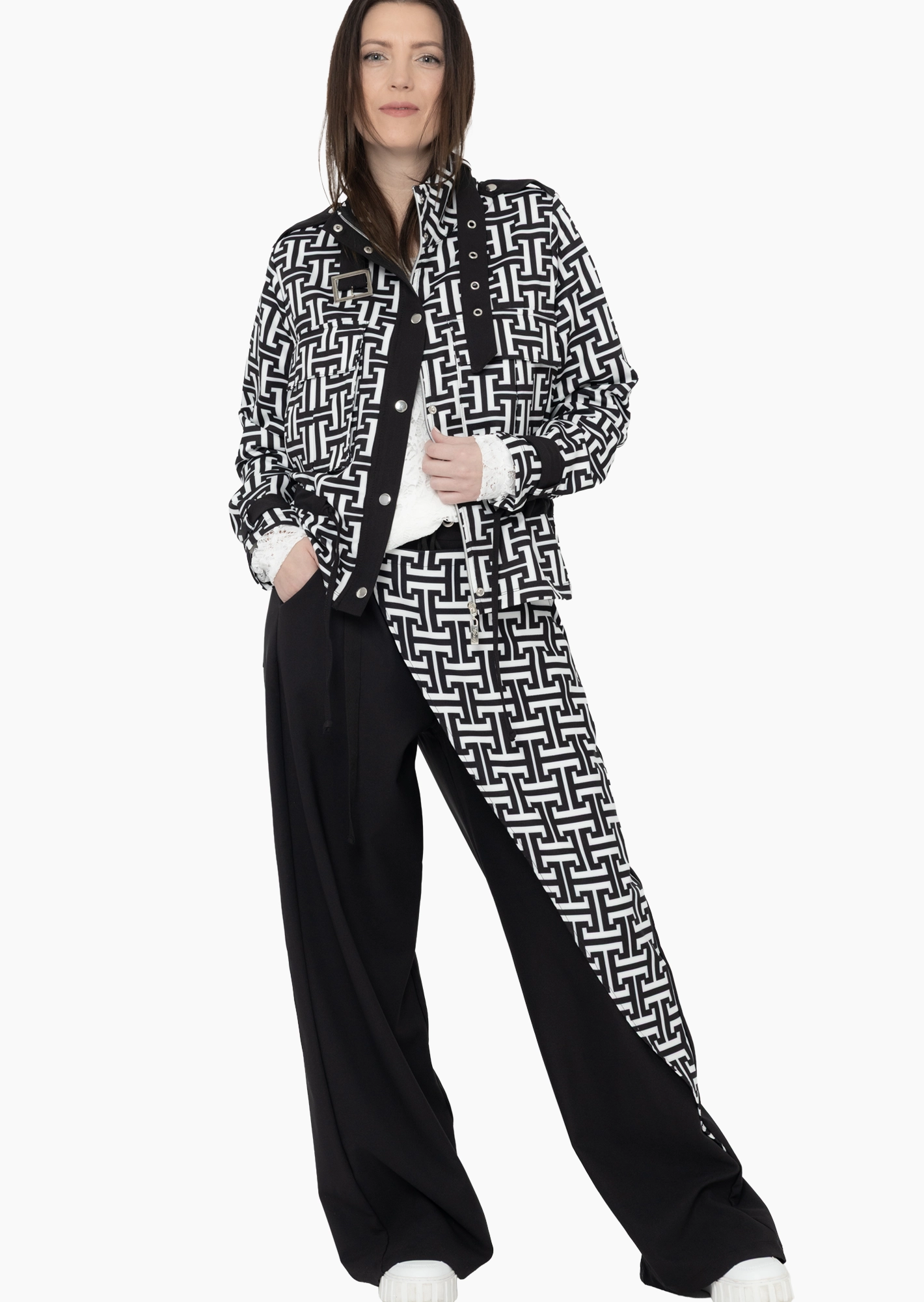 Wide Leg Hose mit Muster, schwarz-offwhite
