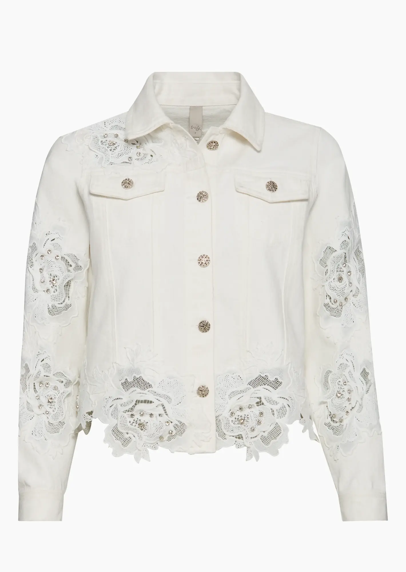 Jeansjacke mit Patches aus Stickerei & Ziersteinen, offwhite