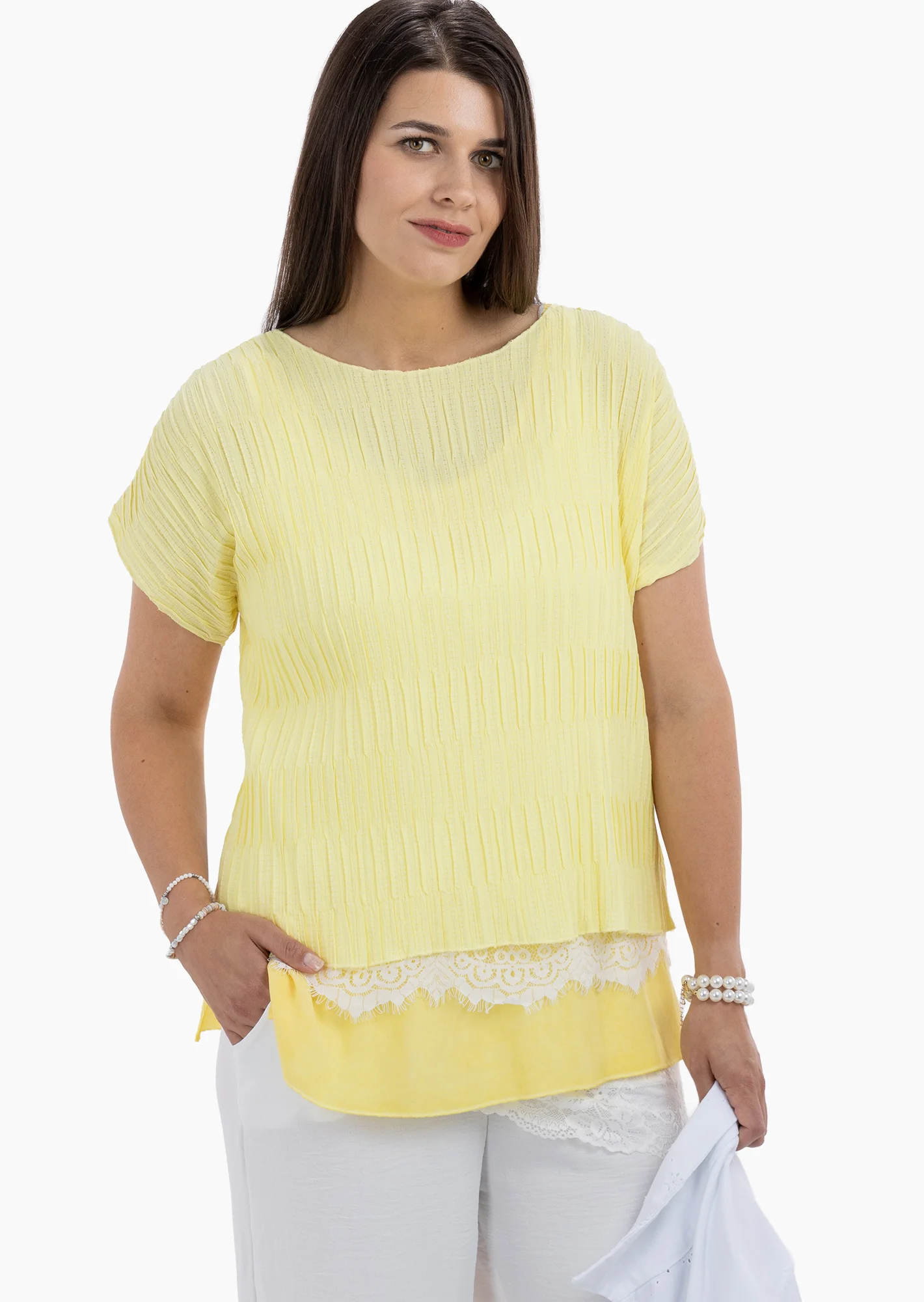 Strukturiertes Kurzarmshirt, butter yellow