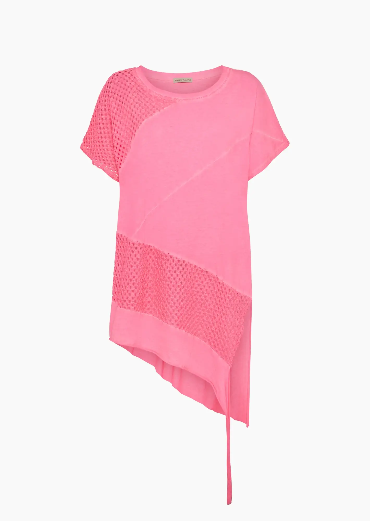 asymmetrisches Baumwoll-Shirt mit Häkeldetails, neonpink