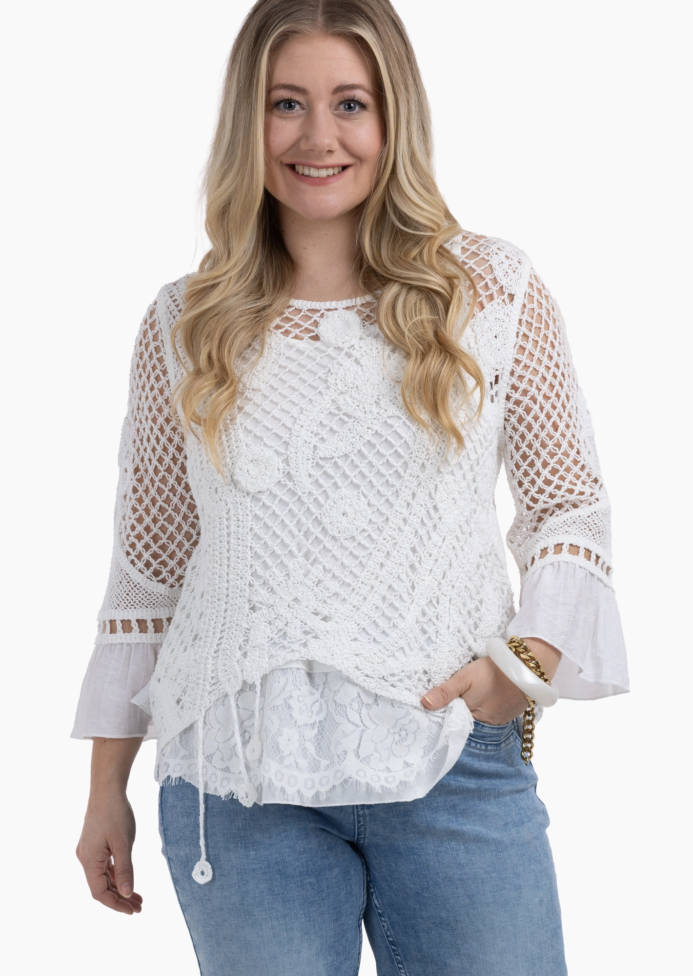Strickpullover in Häkeloptik, offwhite