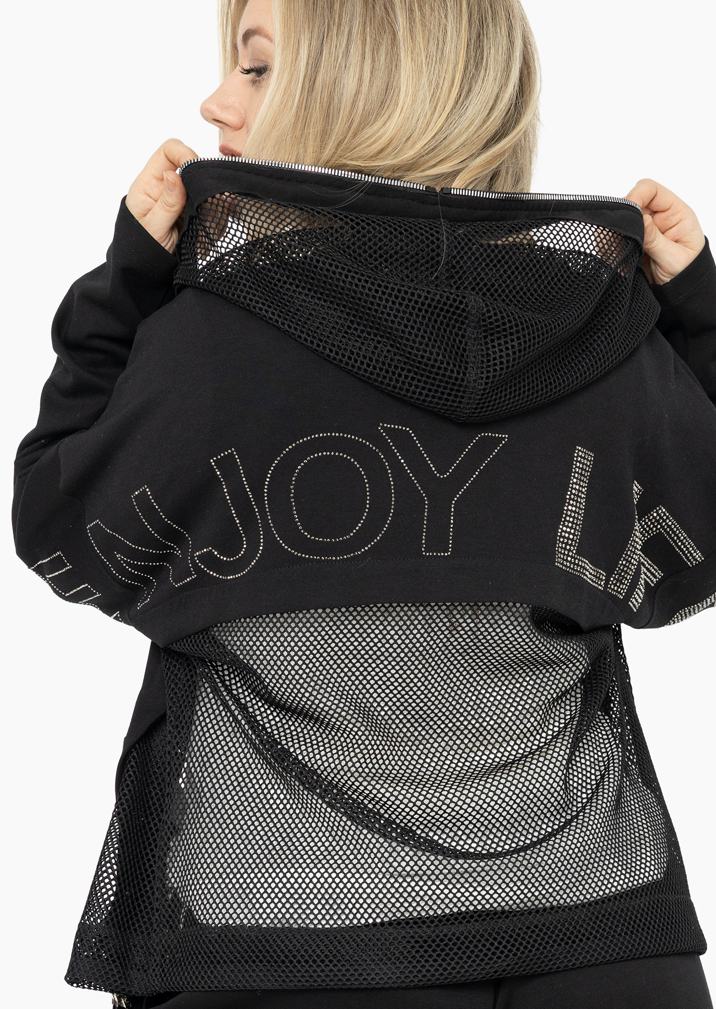 Jacke mit Mesh & Ziersteinen, schwarz