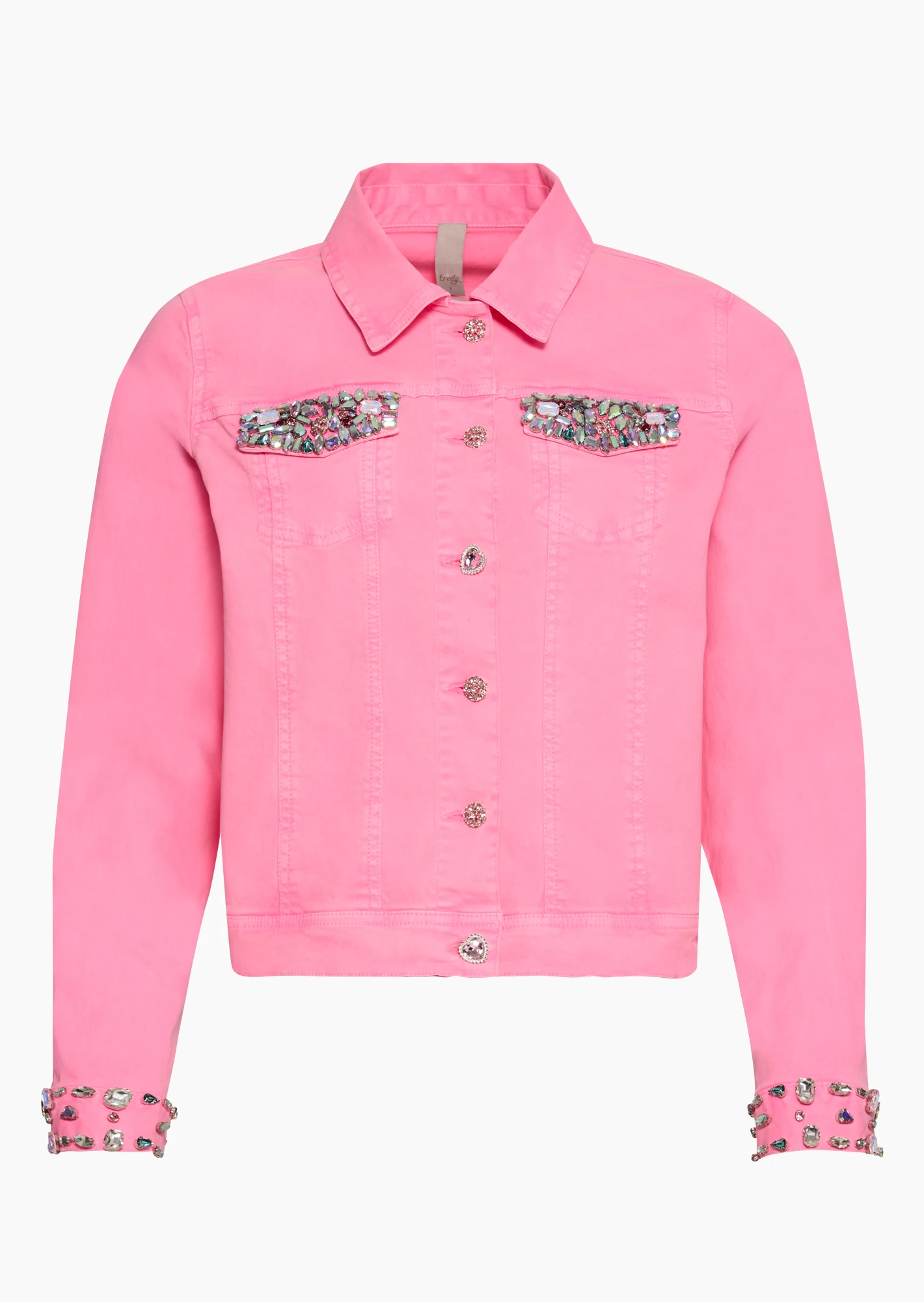 Jeansjacke mit Ziersteinen, pink