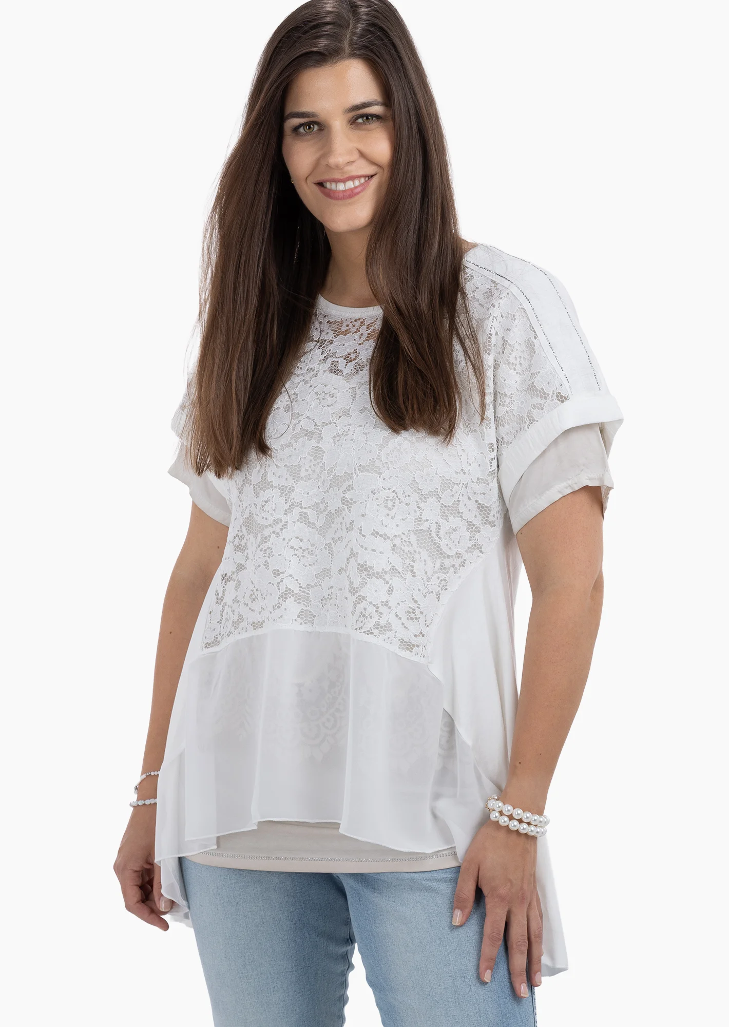 Shirt mit transparenter Spitze, offwhite