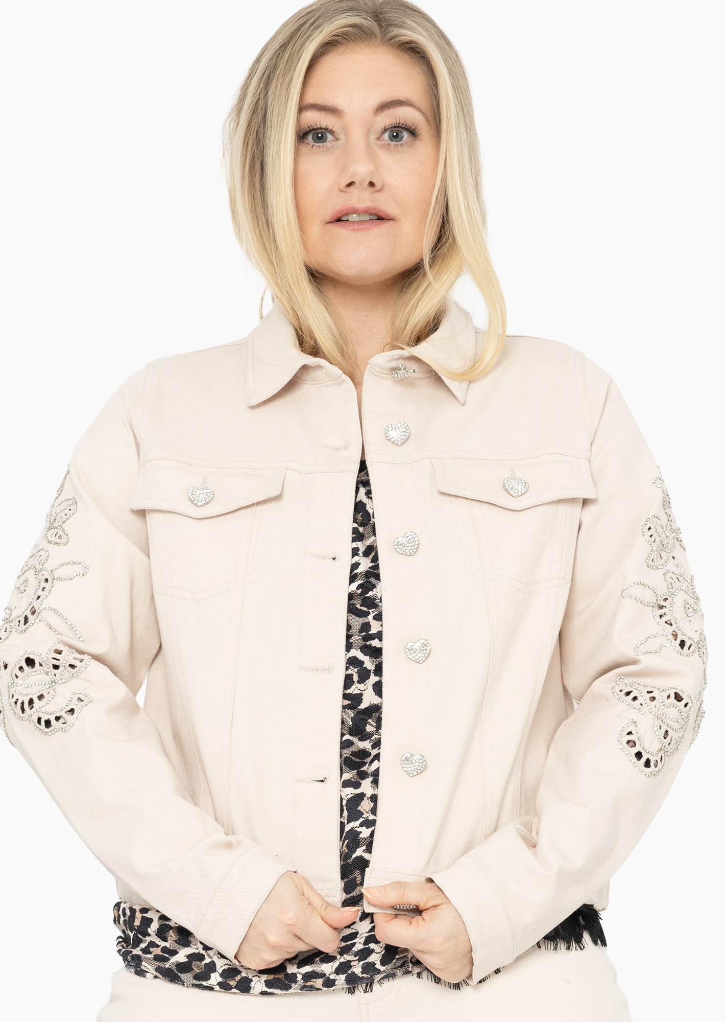 Jeansjacke mit Lochstickerei, crema
