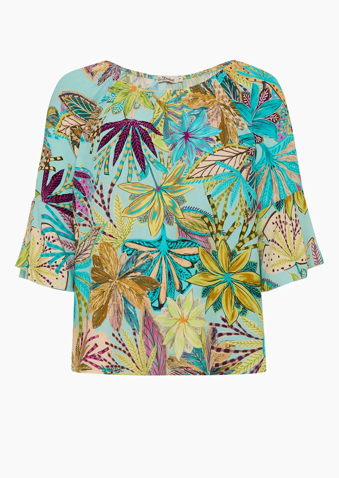 Bluse im Alloverprint mit Volant, türkis