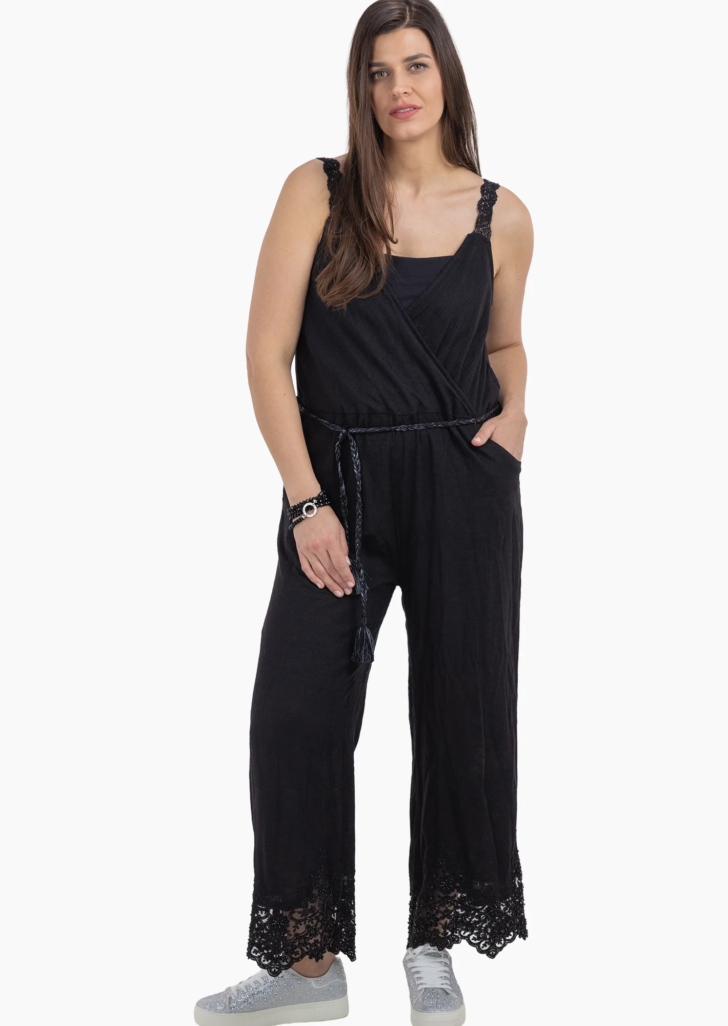 Jumpsuit im Leinenmix mit Spitze, schwarz