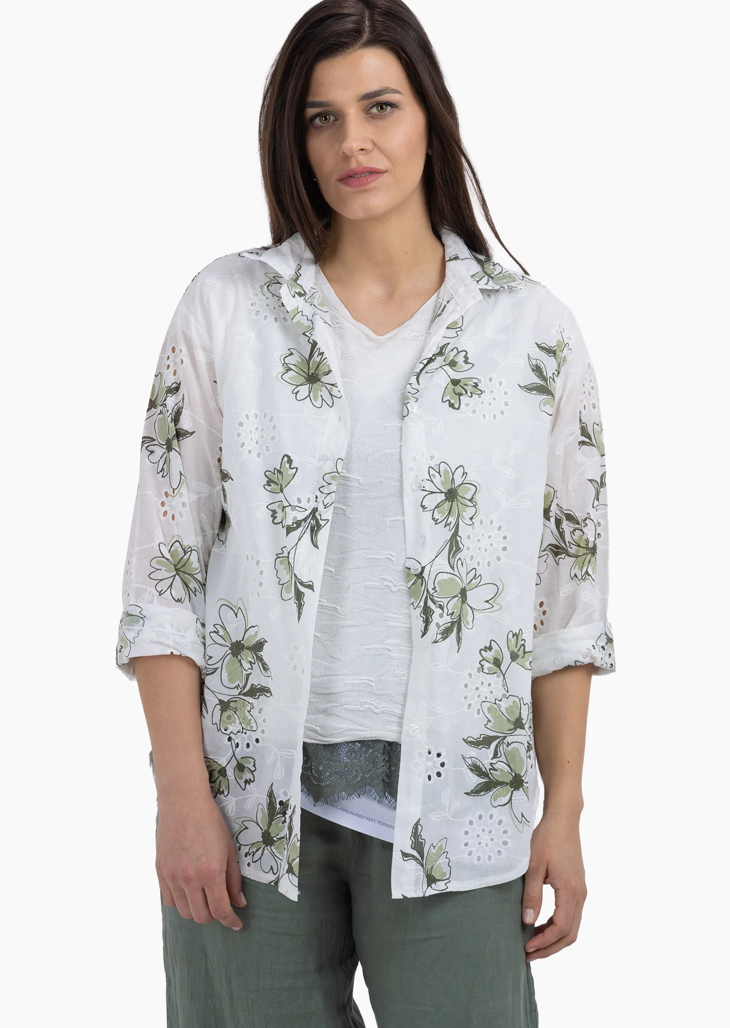 Bluse mit Lochstickerei, khaki